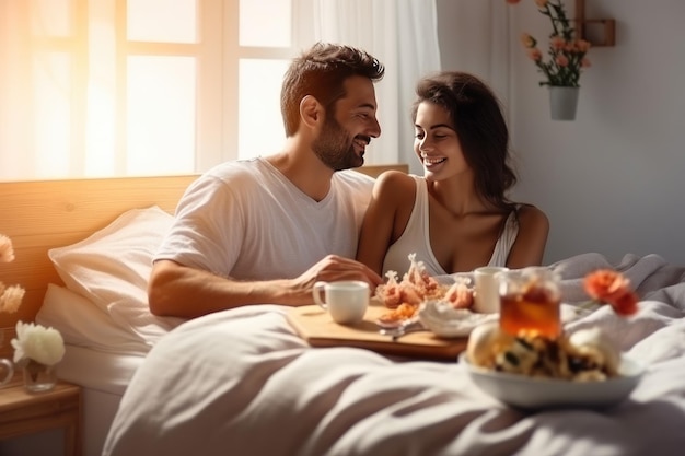 Un marito innamorato porta a sua moglie la colazione