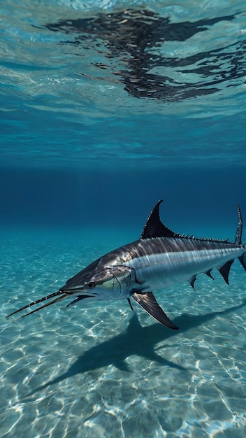 un marlin nuota nell'oceano di acque chiare e turchesi