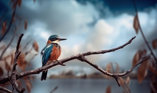 Un martin pescatore blu siede su un ramo con un cielo nuvoloso sullo sfondo.