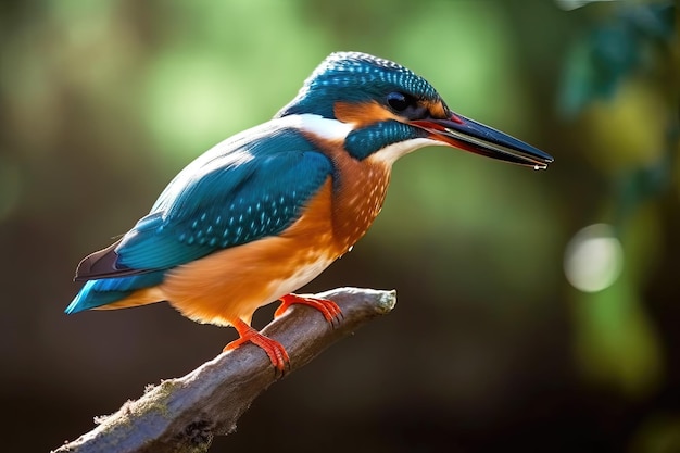 Un martin pescatore siede su un ramo con uno sfondo verde.