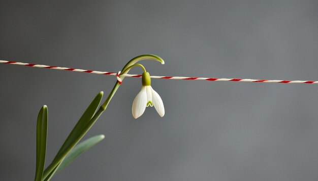 un Martisor minimalista con un singolo delicato fiore a goccia di neve attaccato a una corda rossa e bianca