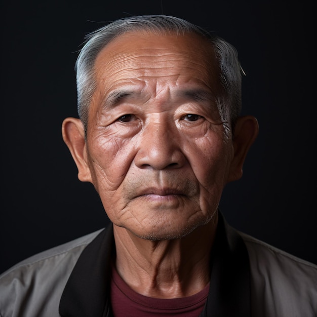 Un maschio asiatico anziano che medita e guarda l'obiettivo in uno studio è raffigurato in una ripresa ravvicinata