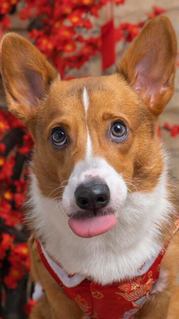 Un maschio corgi pembroke gallese servizio fotografico pet studio fotografico isolato con sfondo blu vestito a tema natale e decorazione