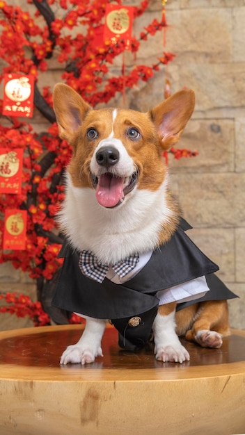 Un maschio corgi pembroke gallese servizio fotografico pet studio fotografico isolato con sfondo blu vestito a tema natale e decorazione