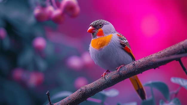 Un maschio di zebra finch di colore neon seduto su un ramo