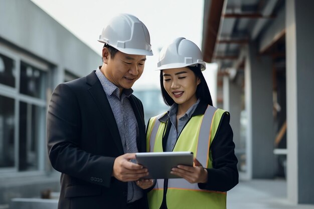 Un maschio e una femmina asiatici che lavorano insieme sul lato della costruzione AI