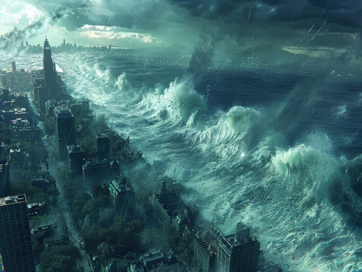 Foto un massiccio tsunami attraversa il paesaggio urbano al tramonto