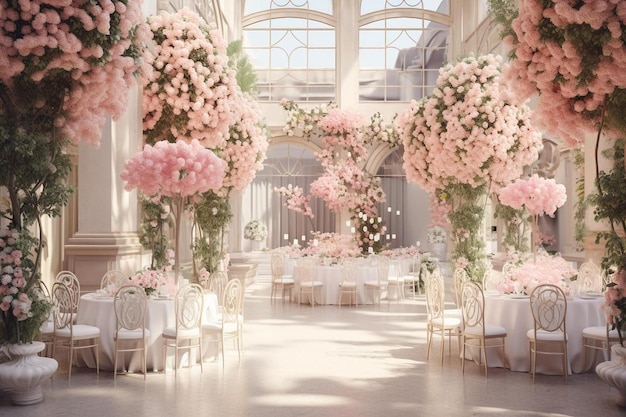 un matrimonio con fiori rosa