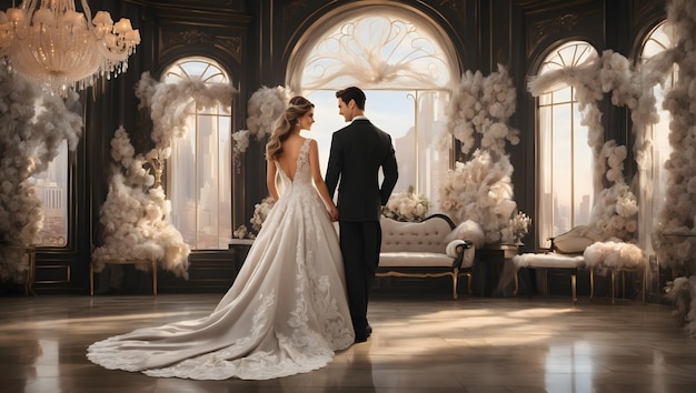 Un matrimonio lussuoso in una grande sala da ballo piena di eleganti decorazioni e arrangiamenti floreali