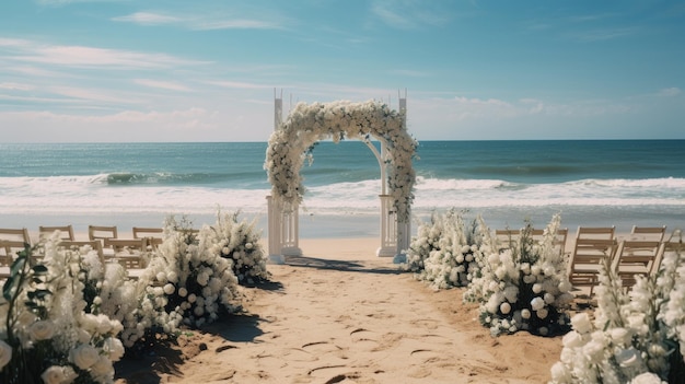 Un matrimonio sulla spiaggia all'aperto con un arco decorato con fiori