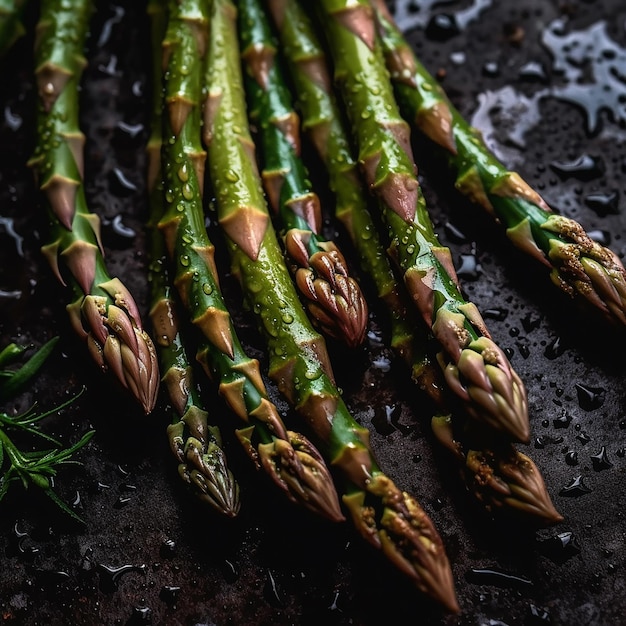 Un mazzetto di asparagi su una superficie scura con sopra un rametto di aneto.