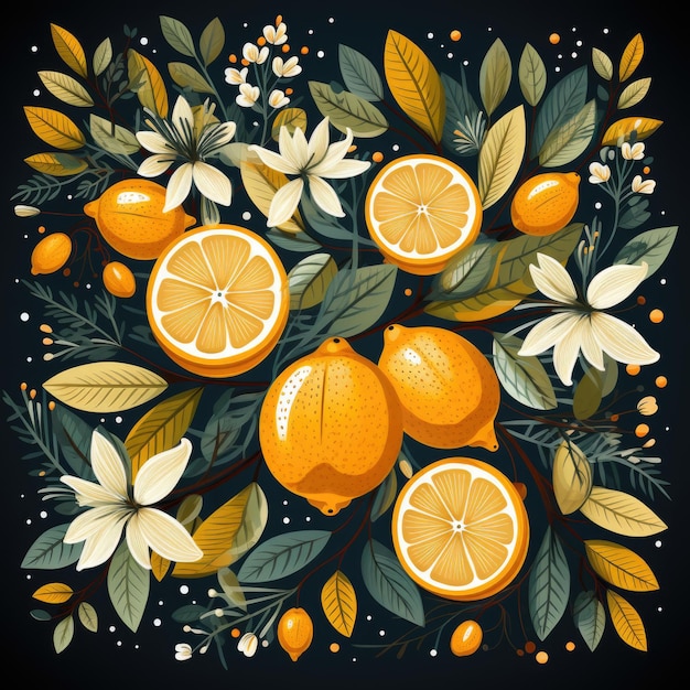 Un mazzo di arance con foglie e fiori Illustrazione immaginaria