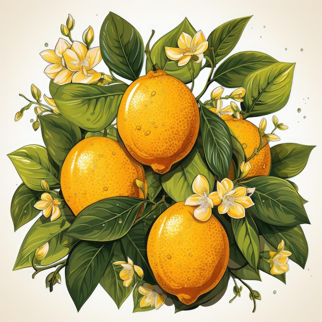 Un mazzo di arance con foglie e fiori