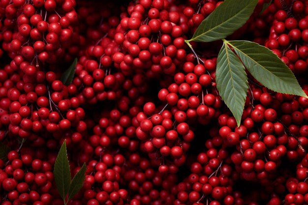 un mazzo di bacche rosse con foglie verdi