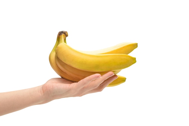 Un mazzo di banane in mano di donna isolato su uno sfondo bianco.