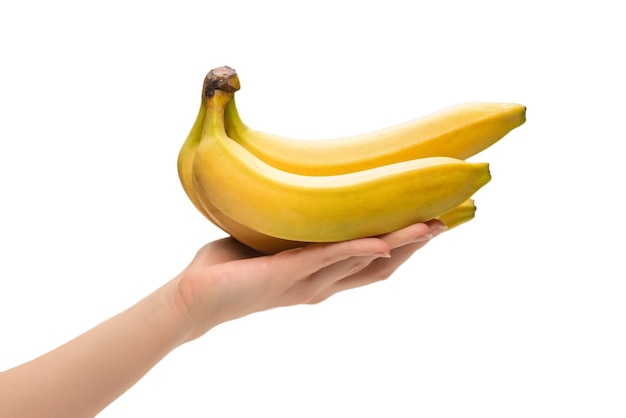 Un mazzo di banane in mano di donna isolato su uno sfondo bianco