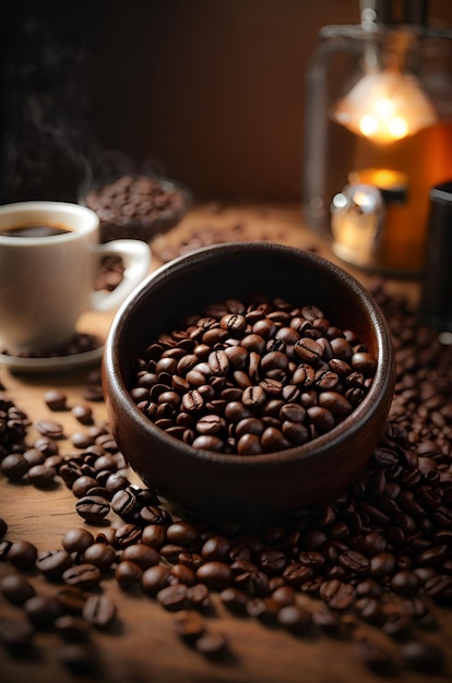 Un mazzo di chicchi di caffè in una tazza di legno sul tavolo con illuminazione cinematografica 04