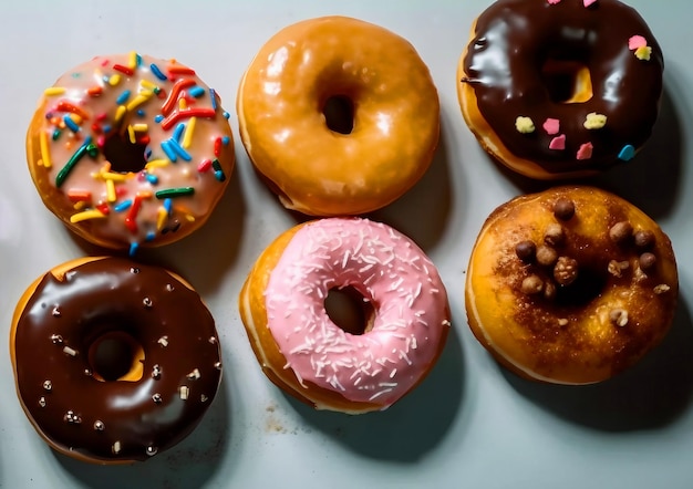 Un mazzo di ciambelle con gusti diversi tra cui uno con granelli e uno con glassa rosa.