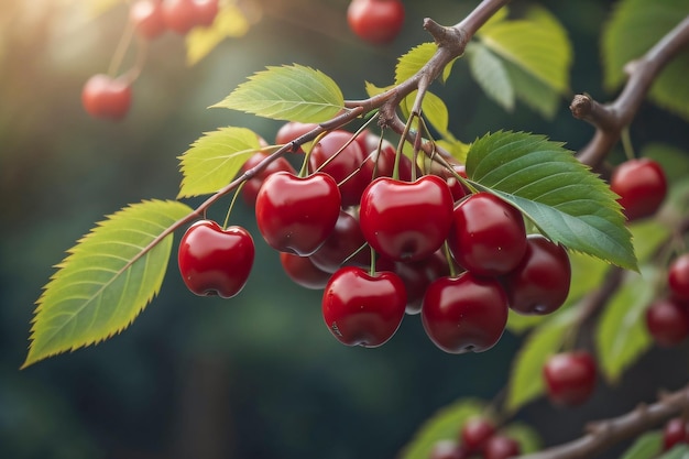 Un mazzo di ciliegia rossa e foglie sull'albero Ai generativo