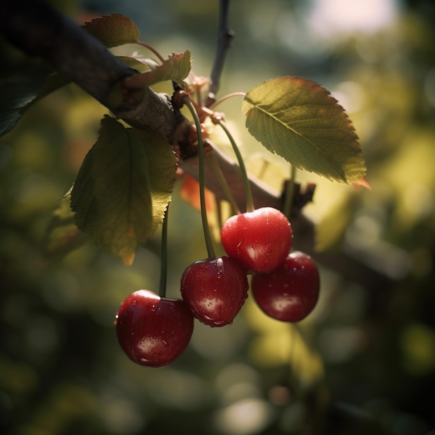 Un mazzo di ciliegie è appeso a un albero con il sole che splende su di loro.