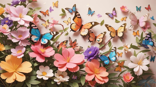 un mazzo di farfalle vola intorno a una composizione floreale con fiori e foglie