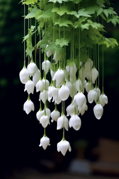Un mazzo di fiori bianchi pende da una corda.