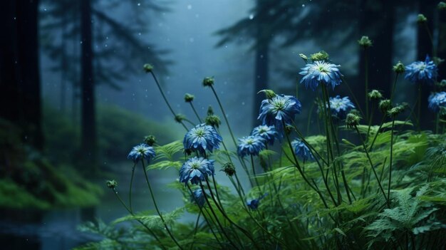 Un mazzo di fiori blu in una foresta con acqua ai