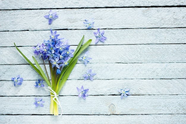 Un mazzo di fiori blu su un fondo di legno