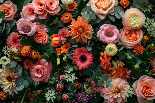 Un mazzo di fiori che sono su un tavolo insieme in un mucchio insieme con foglie e fiori nel