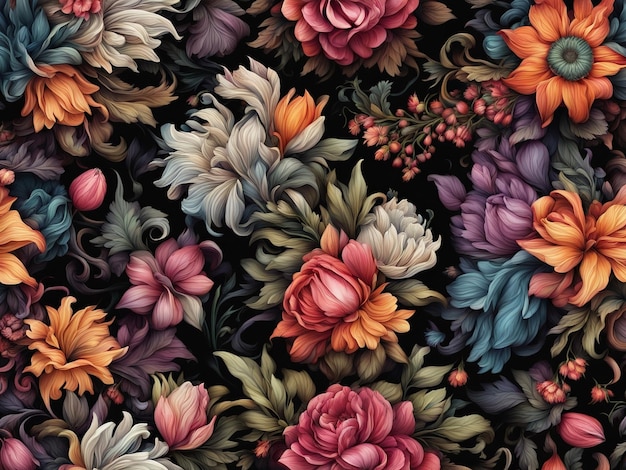 un mazzo di fiori colorati su sfondo nero carta da parati con motivi floreali scuri fiori intricati d