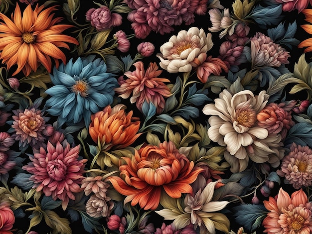 un mazzo di fiori colorati su sfondo nero carta da parati con motivi floreali scuri fiori intricati d