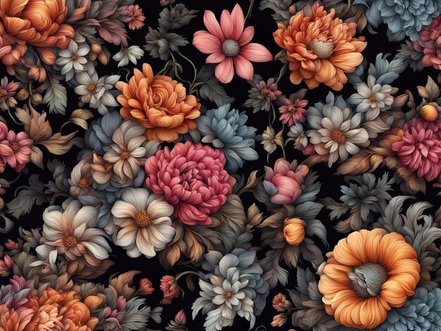 un mazzo di fiori colorati su sfondo nero carta da parati con motivi floreali scuri fiori intricati d