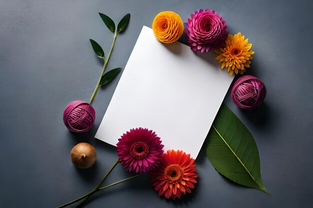 Un mazzo di fiori colorato con un foglio di carta bianco con sopra un fiore colorato.