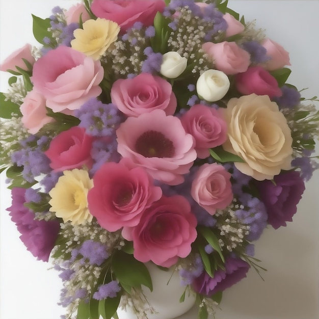 un mazzo di fiori con una combinazione di colori rosa, giallo e viola.