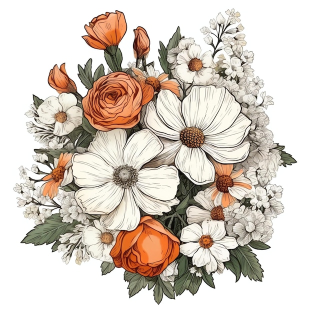 Un mazzo di fiori con uno sfondo bianco e un fiore bianco.