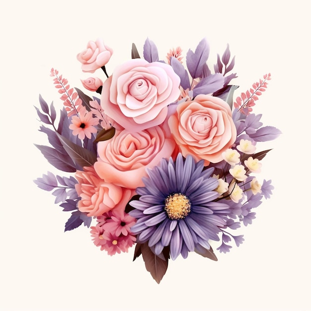 Un mazzo di fiori con uno sfondo viola e rosa.