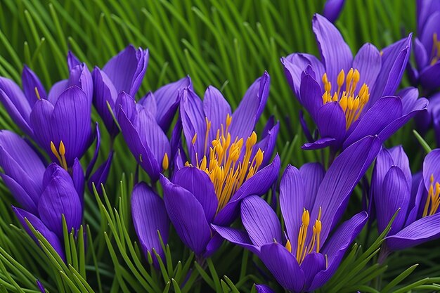 Un mazzo di fiori di croco viola con centro giallo.