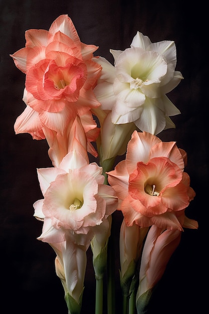 Un mazzo di fiori di gladiolo rosa e bianco con uno sfondo nero.