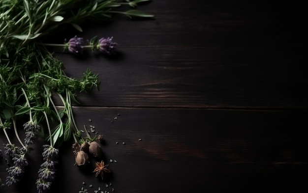 Un mazzo di fiori di lavanda su uno sfondo di legno scuro