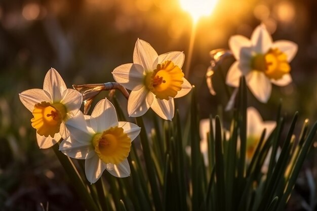 Un mazzo di fiori di narciso con il sole che splende attraverso le foglie