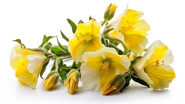Un mazzo di fiori di primula gialla su sfondo bianco