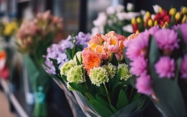 Un mazzo di fiori è in un negozio con uno che dice "primavera".