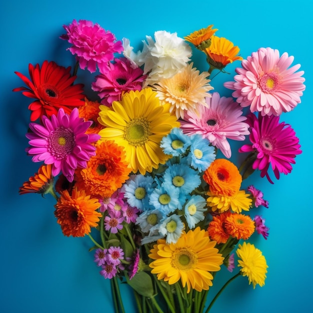 Un mazzo di fiori è in un vaso su uno sfondo blu