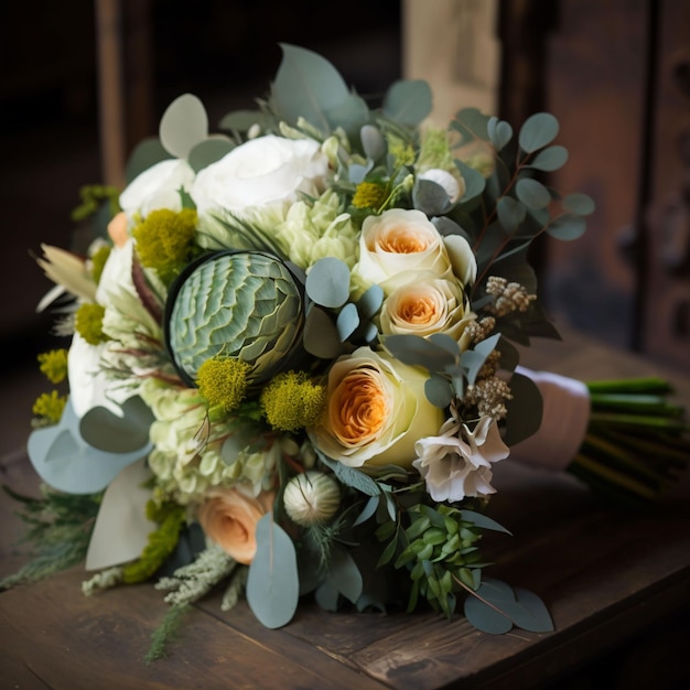 Un mazzo di fiori è su un tavolo con un cavolo verde.