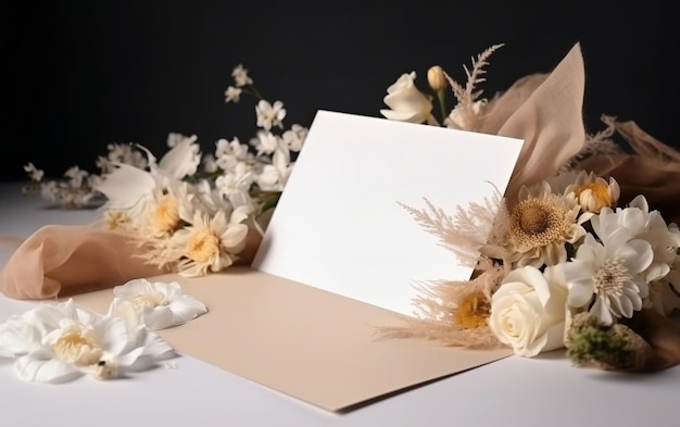 Un mazzo di fiori e una carta con una carta bianca su un tavolo