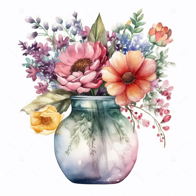 Un mazzo di fiori in un vaso. pittura ad acquerello.