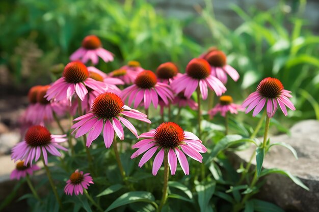 Un mazzo di fiori rosa con foglie verdi e punte rosse.