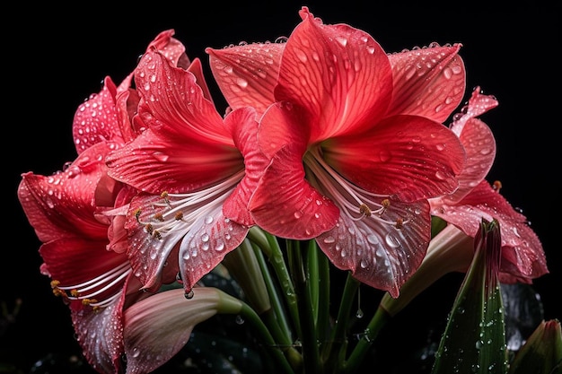 un mazzo di fiori rossi con gocce d'acqua sopra.