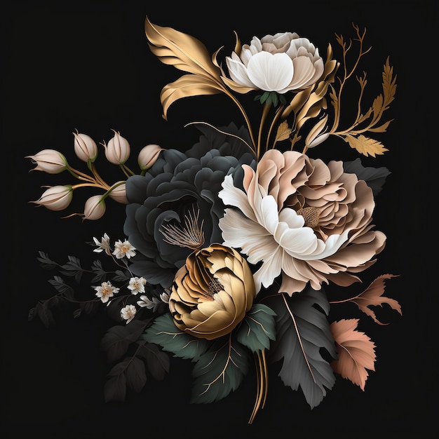 un mazzo di fiori su sfondo nero illustrazione di fiori e foglie di carta oro AI generativa