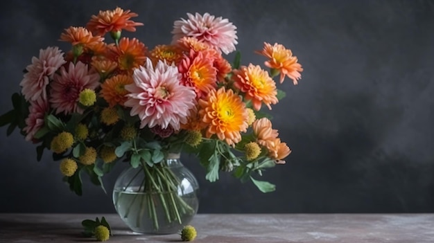 Un mazzo di fiori su un tavolo con uno sfondo nero